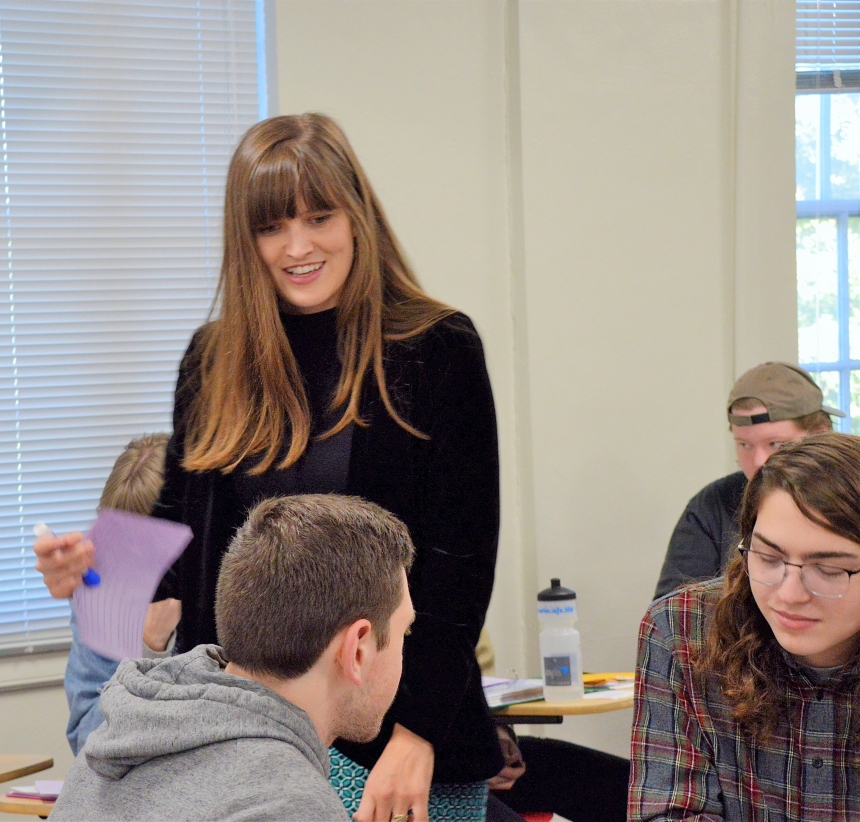 Dr. Katie Chapman leads student groups in a learning exercise in a German class at the University of Georgia