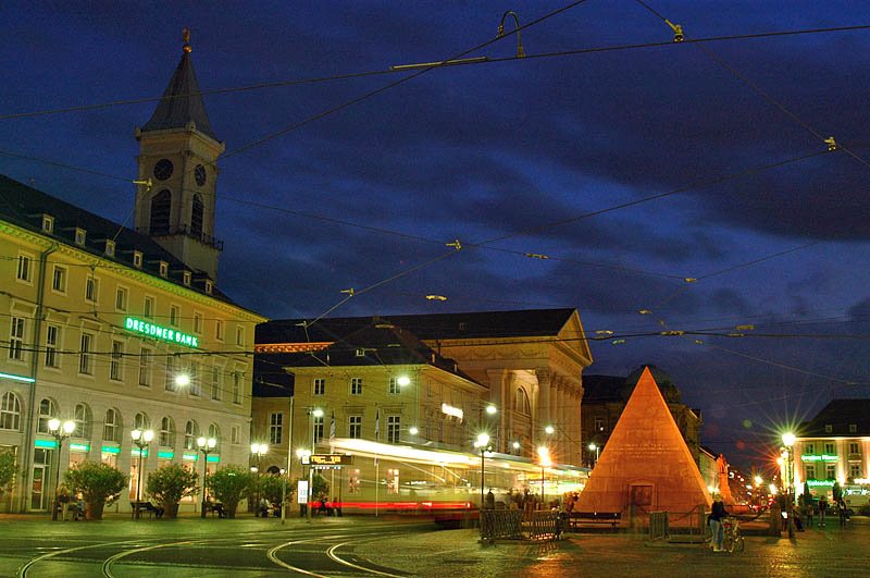 The bustling city center of Karlsruhe, Germany at night