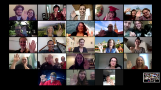 Participants wave in a video conference Virtual Reception following the Graduation and Awards Ceremony