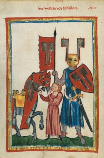colorful, primitive 13th-century drawing af a knight, horse, and attendant, to illustrate texts that will be studied in the course Deutsche höfische Epik / German courtly epic