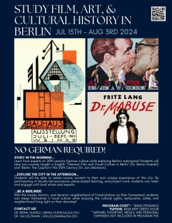 Study film, art, and cultural history in Berlin! The flyer features the movie cover from Dr. Mabuse, Bauhuas art, and a Berlin mural.