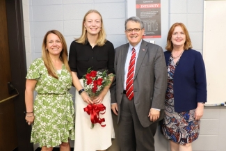 UGA President Jere W. Morehead and Meg Amstutz, dean of the Morehead Honors College, surprised senior Sadie Bengs with the news that she is a 2025 Truman Scholar during her class on Monday, April 14. Bengs was attending a course on American foreign policy, taught by Maryann Gallagher, director of the Richard B. Russell Security Leadership Program.