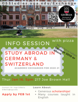 Come and learn about the studying with a partner university in Germany or Switzerland in 2020-21. Scholarships will be discussed, and there will be pizza. Jan. 16 at 5 pm in 217 Joe Brown Hall.