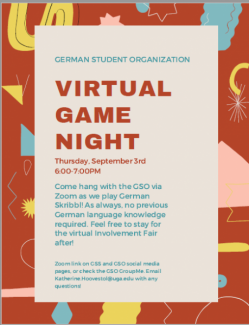 Virtual Game Night with the German Student Organization on September 3 from 6-7 pm