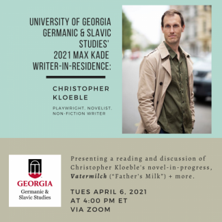 German writer Christopher Kloeble reads from his new novel, Vatermilch, at a virtual reading on April 6, 2021 at 4pm. 