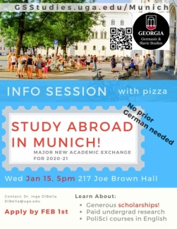 Info Session to hear about new academic exchange program in Munich Germany. New scholarships available. Jan. 15 at 5 pm in 217 Joe Brown Hall