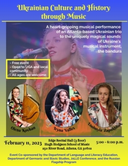 Flyer for Ukrainian music concert. Flyer shows a woman singing in the background and three images of women in the trio performing. 