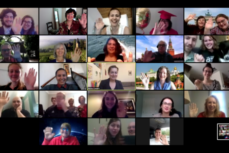 Participants wave in a video conference Virtual Reception following the Graduation and Awards Ceremony