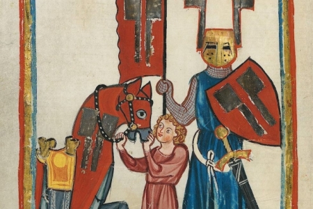 colorful, primitive 13th-century drawing af a knight, horse, and attendant, to illustrate texts that will be studied in the course Deutsche höfische Epik / German courtly epic