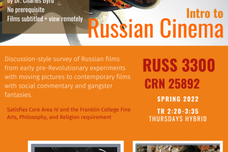 RUSS 3030 Intro to Russian Cinema is taught in Spring 2022 at the University of Georgia's Department of Germanic & Slavic Studies