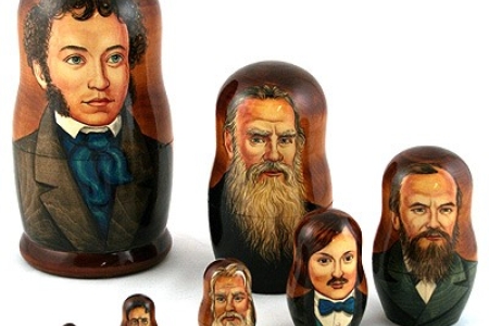 Nesting dolls with noted Russian authors featured on each one.