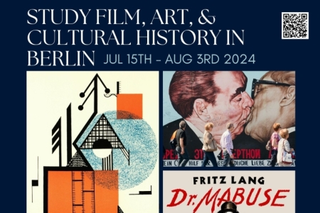Study film, art, and cultural history in Berlin! The flyer features the movie cover from Dr. Mabuse, Bauhuas art, and a Berlin mural.